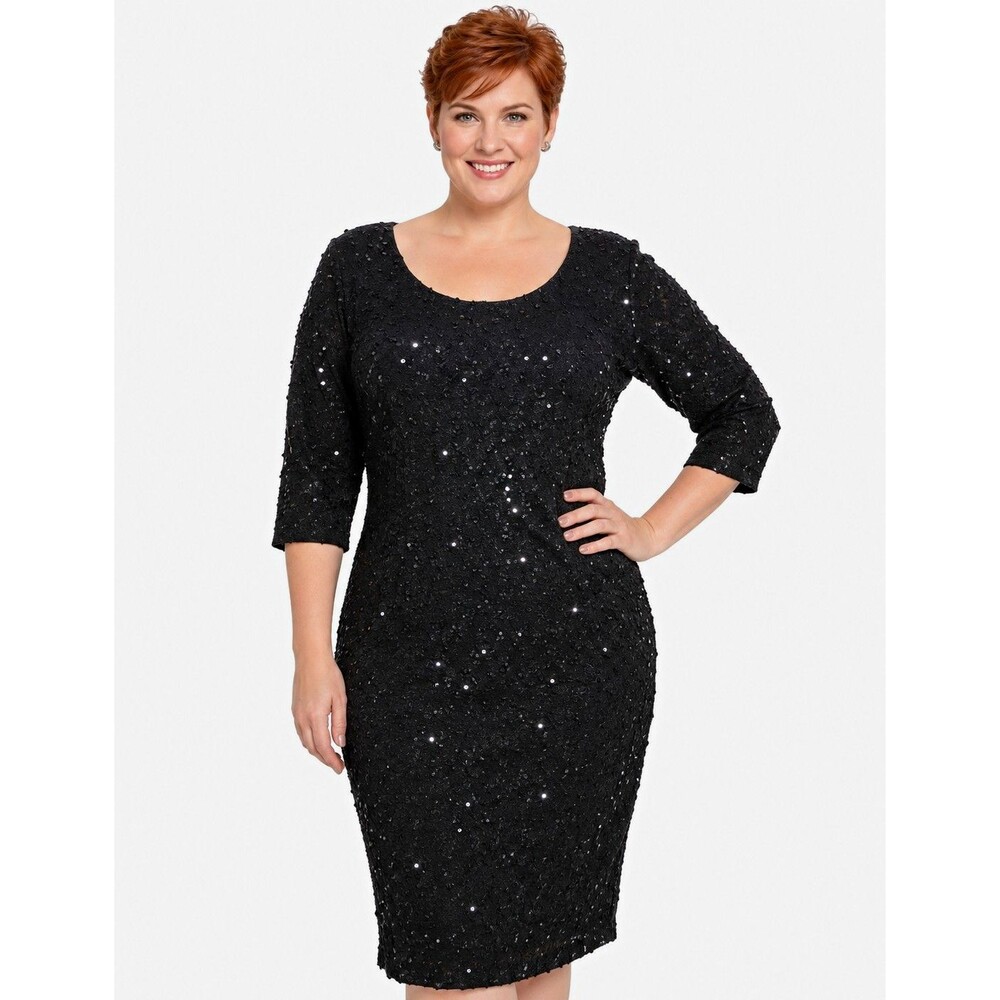 Jennifer Lopez Dress 0X Black Sequin Boucle 3/4 Slv Scoop Neck Lined knit